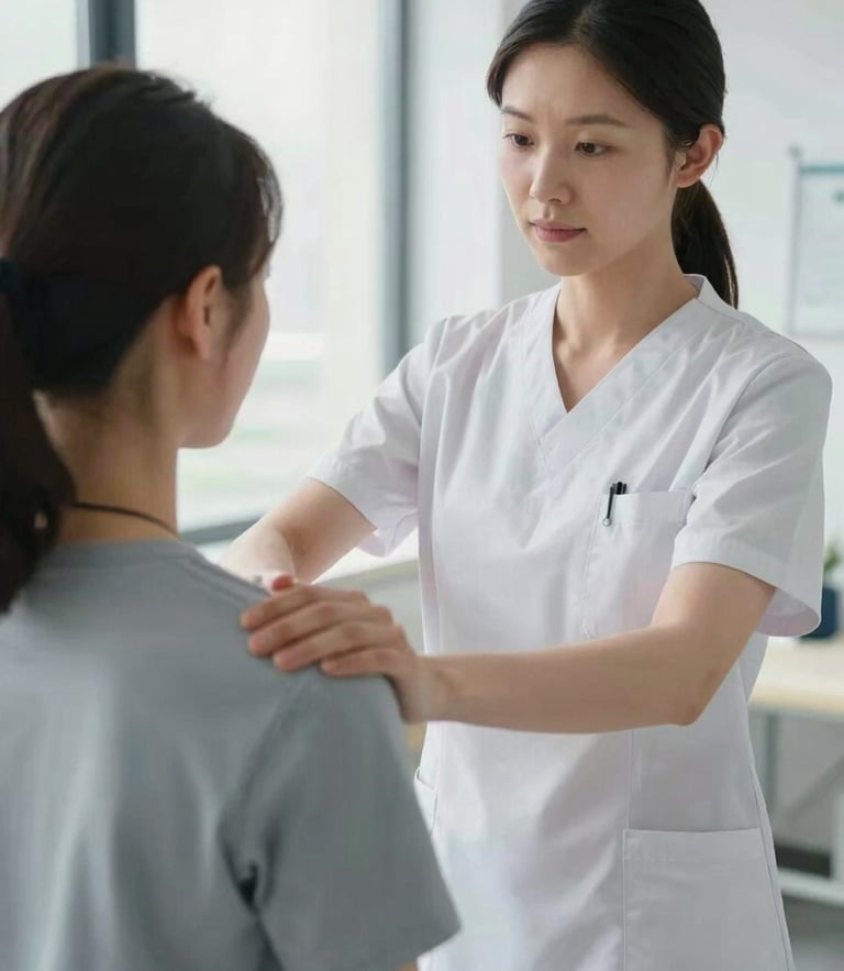 A medium close-up of a physiotherapy student in a clean clinical uniform guiding a patient through manual shoulder resistance exercises in a bright, modern, daylight-filled clinic.