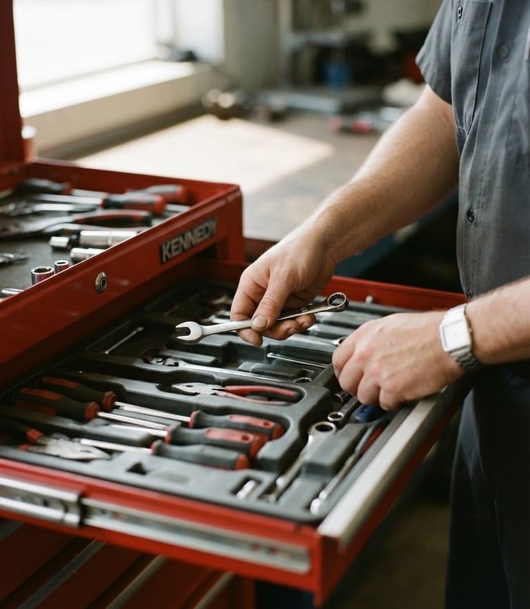 Close-up of technician hands organizing professional tools in a clean toolbox, natural bright daylight, clean realistic colors, sharp focus, 35mm lens