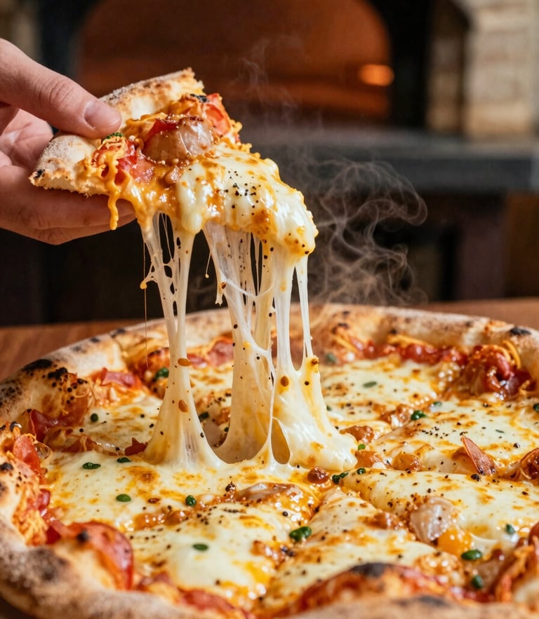 Macro food photography of a steaming panuozzo being pulled apart, melting mozzarella stretching, warm side lighting from a pizza oven, 35mm film style.