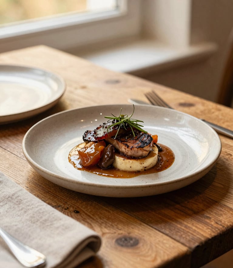 Close-up of a rustic wooden table setting at Pils Krogs with linen napkins, warm natural window light, and a beautifully plated Baltic dish on textured ceramic tableware, 35mm photography