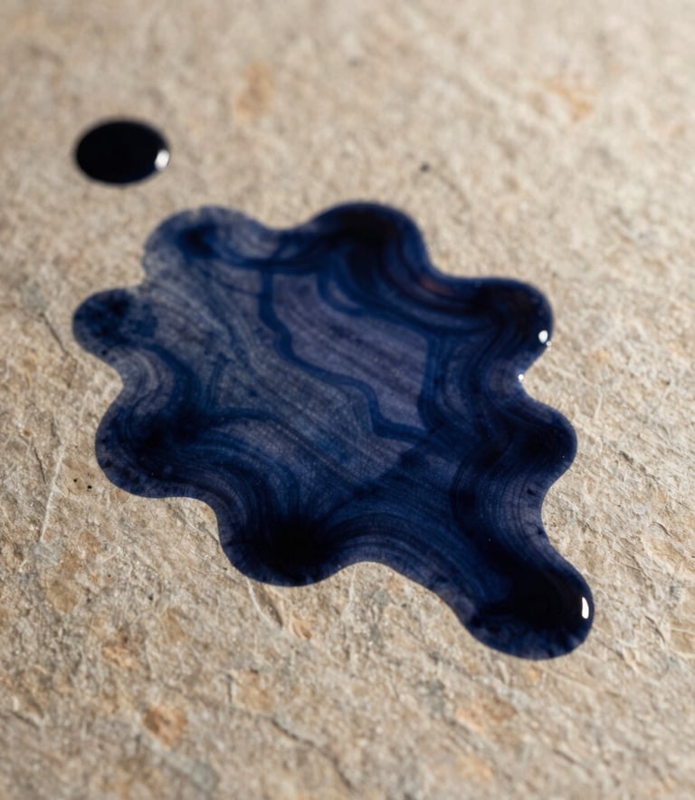 Extreme close-up of dark indigo ink bleeding into heavy, textured warm stone paper, soft directional side-lighting casting subtle shadows.