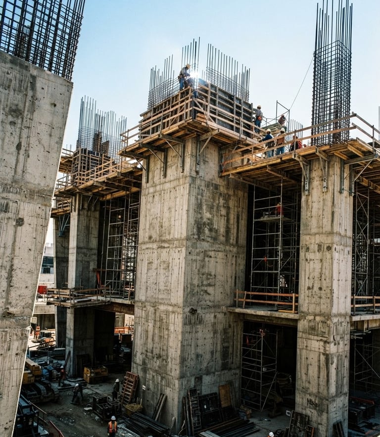 Low-angle industrial documentary photography of a massive concrete structure under construction, harsh direct daylight, high-contrast raw textures, deep shadows, 35mm lens.