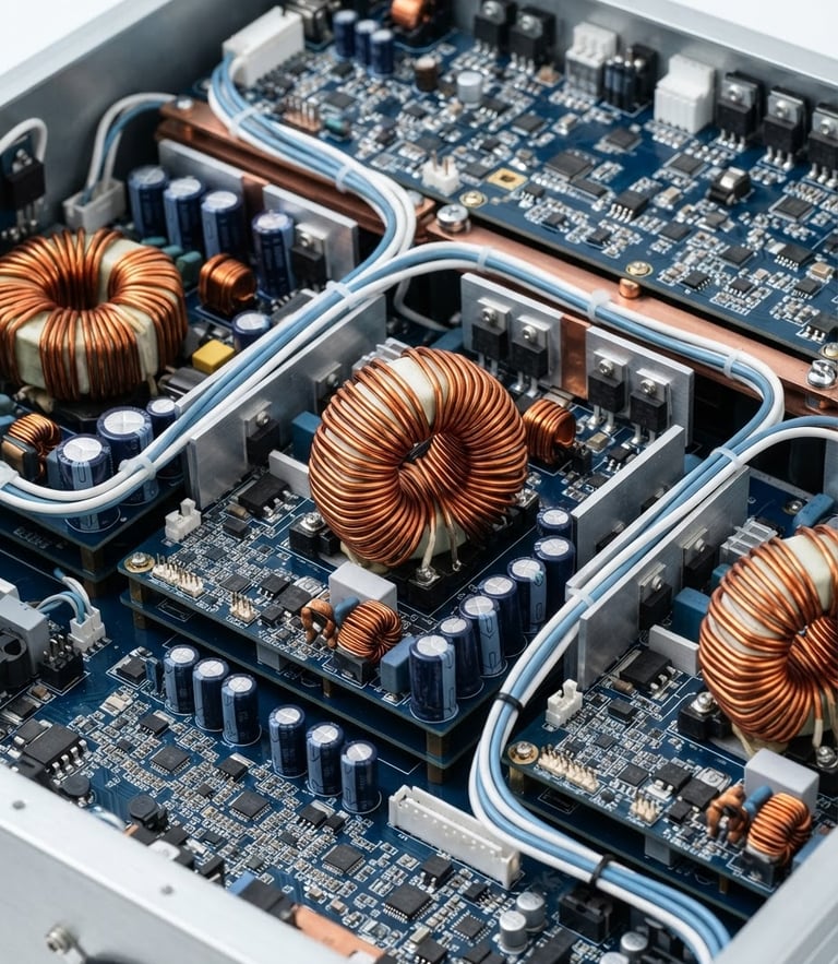 Macro photography of internal circuit architecture of a rack mount inverter, heavy-duty copper transformers, cool white and blue tones, bright high-key studio lighting, 50mm