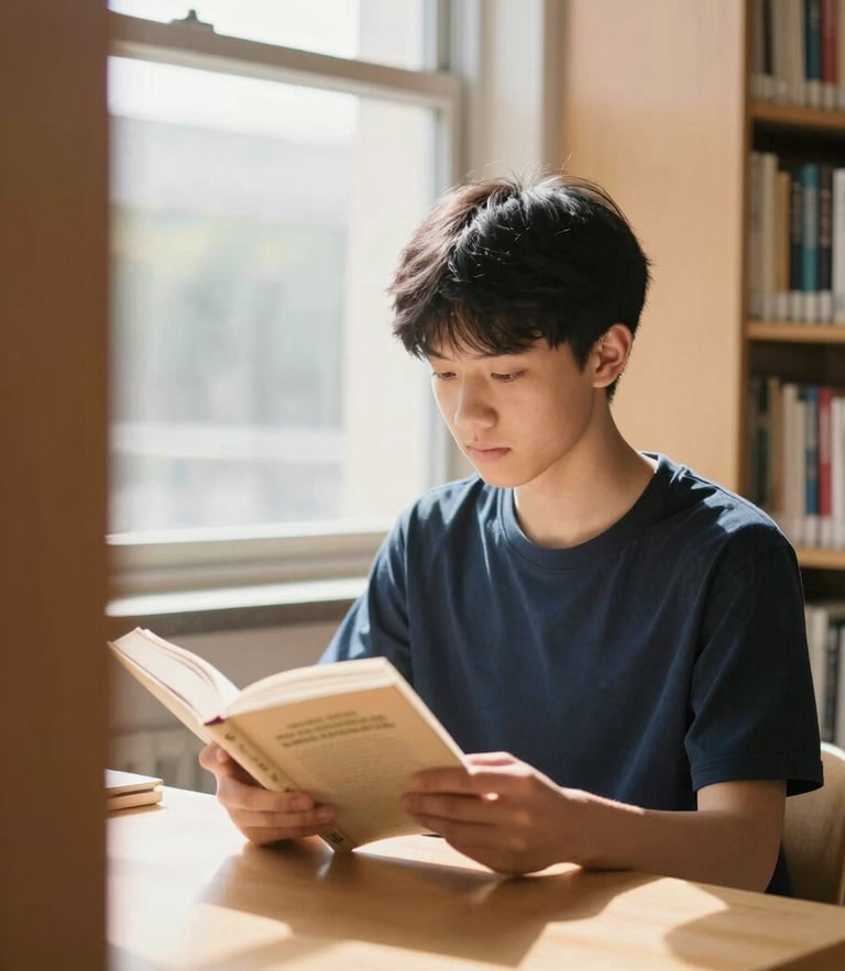 A focused high school student reading a book in a sunlit library, bright natural window light, warm organic tones, 35mm lens