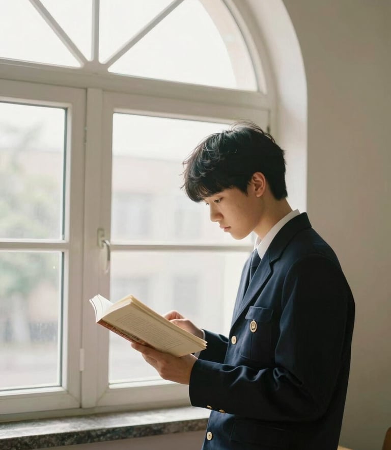 Candid medium shot of a high school student in a deep navy uniform reading a book by a large arched window, soft natural daylight streaming in, warm organic tones, 35mm lens.