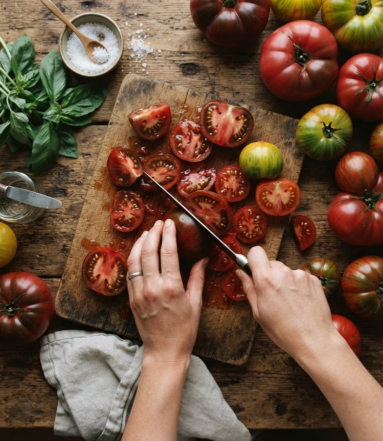 Overhead flat-lay of hands prepping fresh heirloom tomatoes on a rustic wooden table, soft Scandinavian daylight, deep crimson tones, 35mm lens