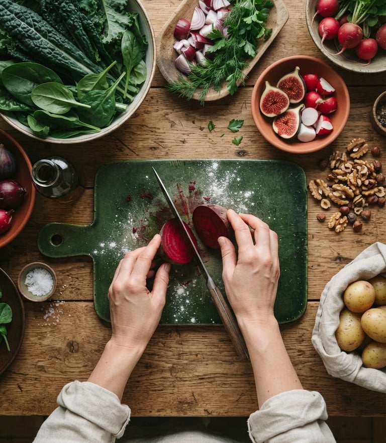 Overhead flat-lay of hands prepping fresh local ingredients on a wooden table in soft Scandinavian daylight, deep crimson and forest green tones, matte texture, 35mm lens
