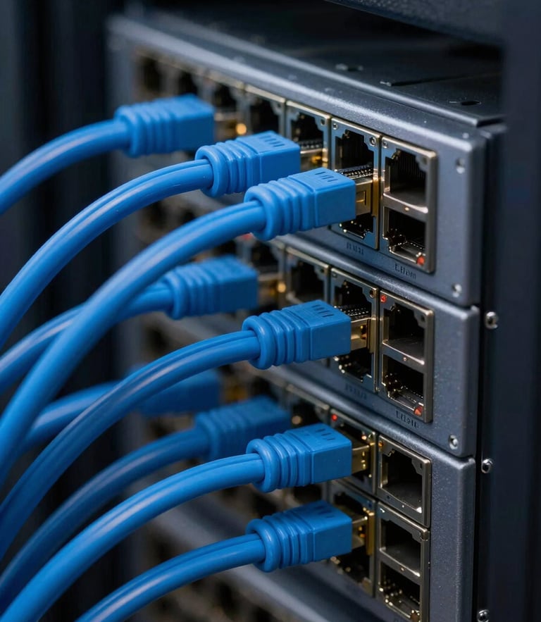 Macro close-up of organized blue fiber optic cables connected to a high-speed network switch in a dark server rack, sharp cool-toned highlights.