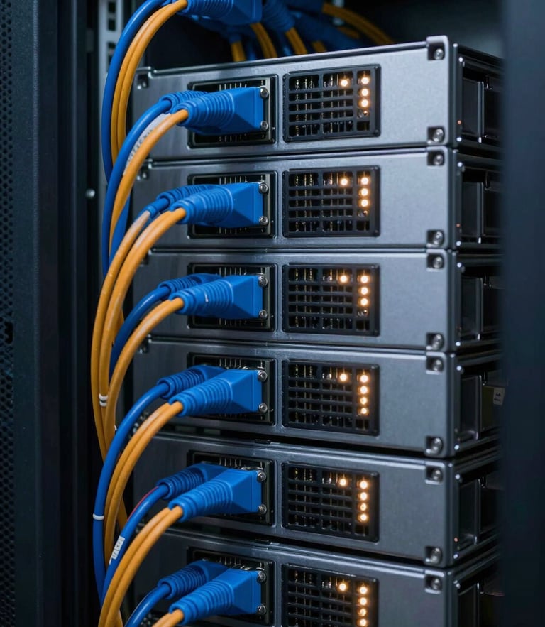 Macro close-up of high-density structured server racks with immaculate blue and orange cabling, low-key cool-toned lighting, sharp highlights from active LED status indicators, shallow depth of field.