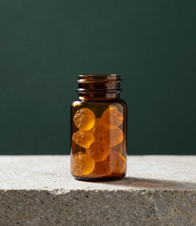 A minimalist overhead flat lay of an amber glass jar of gummies on a textured stone surface, soft morning light, deep forest green background.
