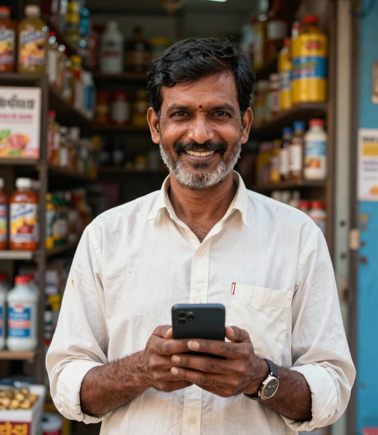 A medium environmental portrait of a smiling Indian shopkeeper in his brightly lit kirana store, holding a smartphone, warm natural daylight, rich colors, sharp focus, 35mm editorial photography.