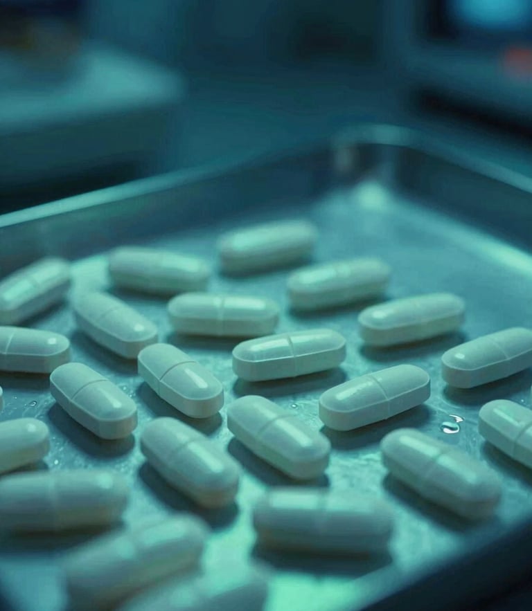 Cinematic macro shot of certified pharmaceutical batches in a temperature-controlled warehouse, cool blue and clinical green ambient light, 35mm lens