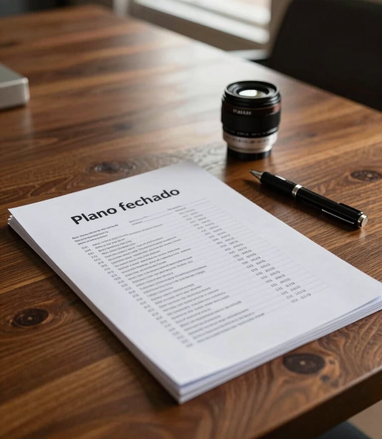 Plano fechado em uma mesa de reunião de madeira nobre, com um relatório financeiro impresso em papel texturizado, uma caneta tinteiro clássica ao lado e luz natural suave vinda de uma janela lateral.
