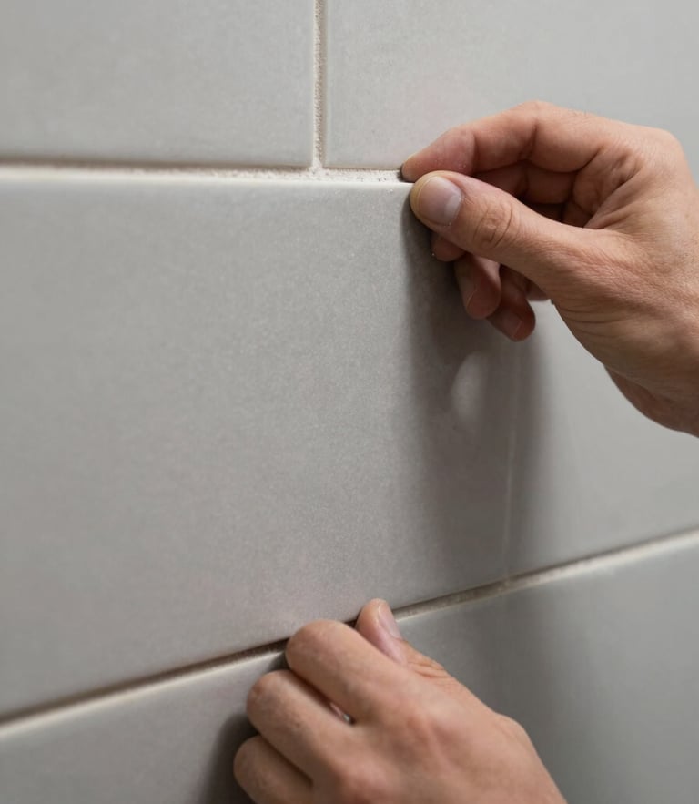 Macro close-up shot of a craftsman's hands carefully aligning a large format grey ceramic tile on a bathroom wall, perfect grout lines, natural side lighting, technical precision visible.