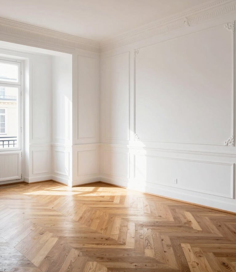 A brightly lit, renovated Parisian apartment living room with perfect white walls, restored oak herringbone parquet floor, and clean geometric lines, bathed in natural afternoon light.