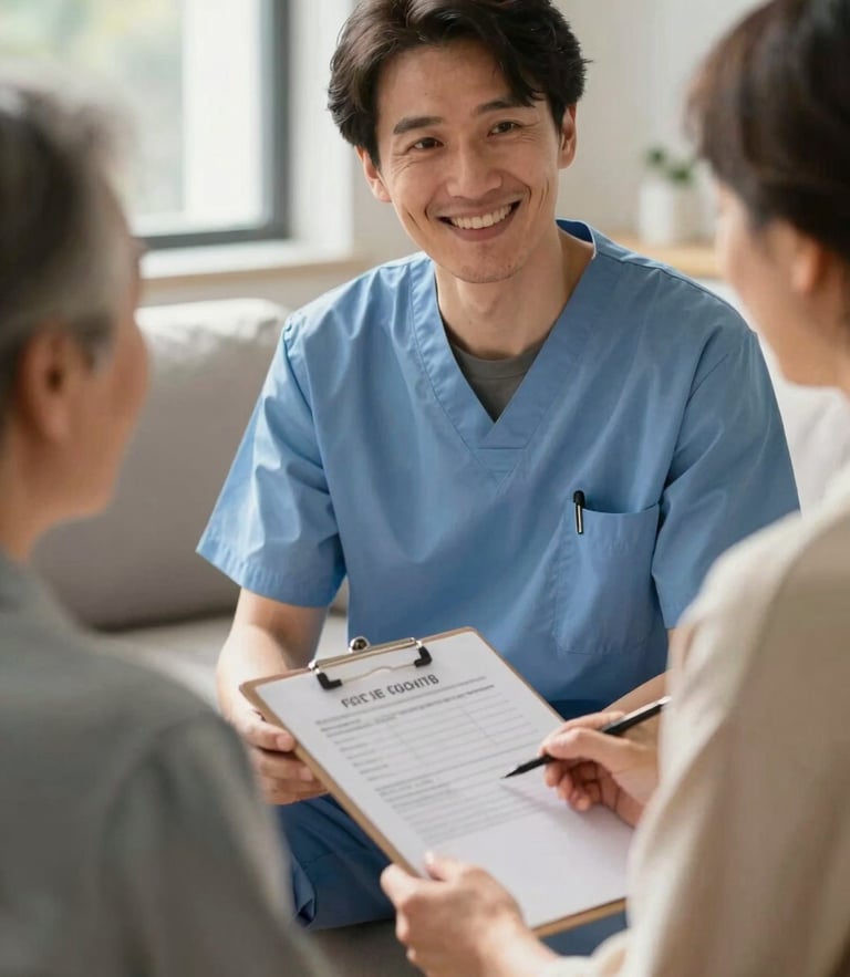 Close-up of a therapist holding a clipboard, smiling warmly at an older client in a sunlit living room, natural daylight, intimate framing.