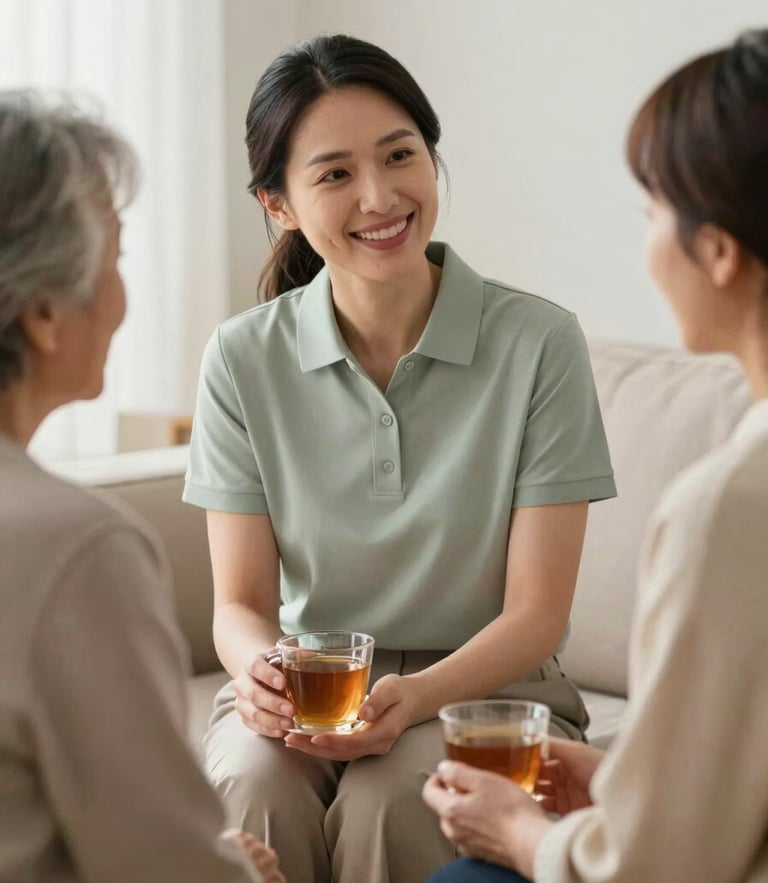 A warm, natural light medium shot of a female therapist in a soft sage green polo smiling and chatting with an elderly woman in a bright living room, holding a cup of tea together.