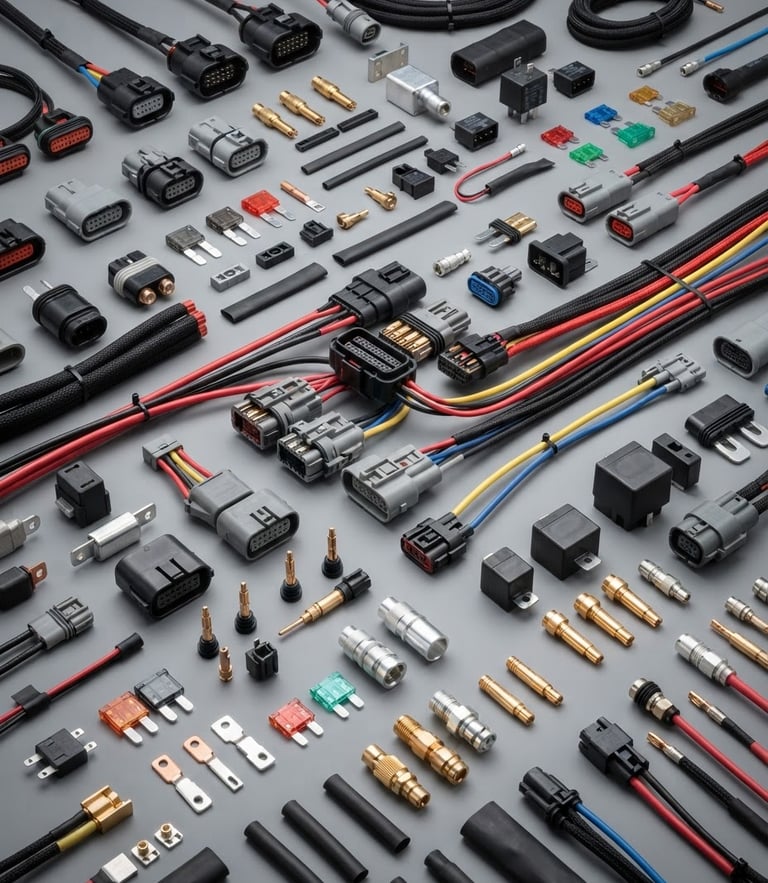 Clean commercial shot of high-quality automotive components and electronic connectors arranged neatly under bright studio light, neutral gray background.