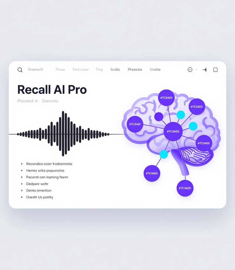 A high-fidelity, minimalist UI dashboard mockup of Recall AI Pro on a clean light gray background. To the left, a voice note waveform is being transcribed into clean bullet points. To the right, a neural mind map visualization with connected nodes in brand purple (#7C3AED) and cyan accents.