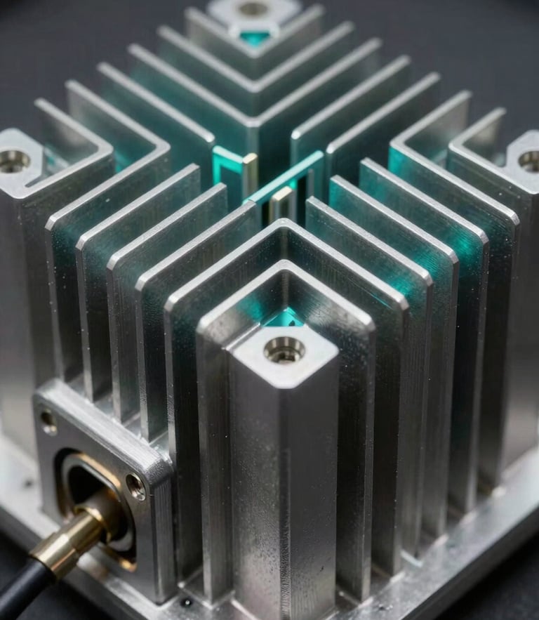 Close-up macro shot of a metal Remote Radio Unit heatsink, sharp aluminum fins, high-contrast industrial studio lighting, electric teal highlights, technical serial plate visible on the side.