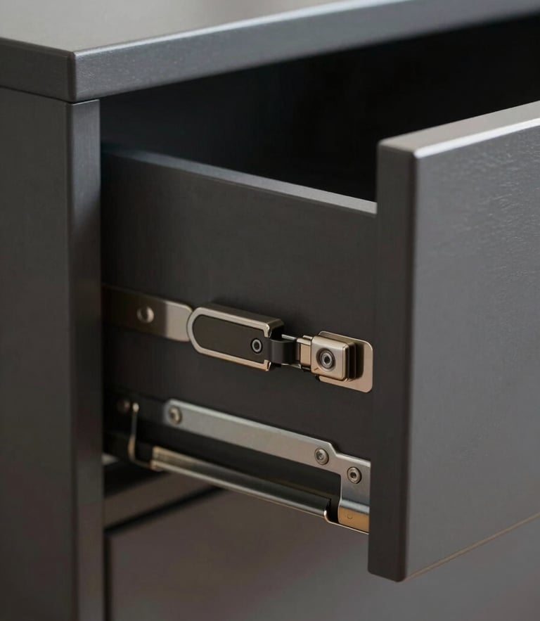 Extreme close-up of a dark charcoal cabinet drawer slightly open, revealing premium soft-close hardware and flawless joinery, soft diffused natural lighting.