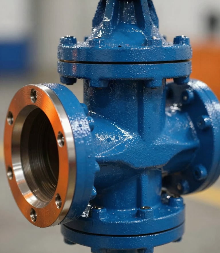 Macro close-up of a heavy industrial valve assembly, cool blue steel surfaces with sharp orange light reflecting off machined edges, high contrast, shallow depth of field.