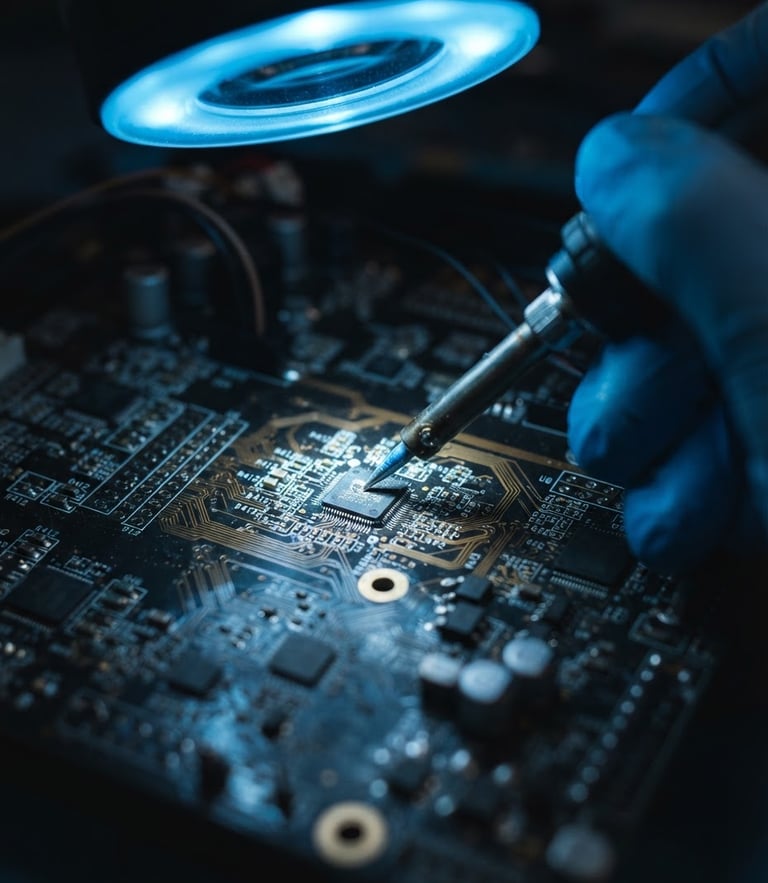Macro photography of a technician's hands soldering a micro-chip on a motherboard under a glowing blue microscope light, shallow depth of field, 35mm