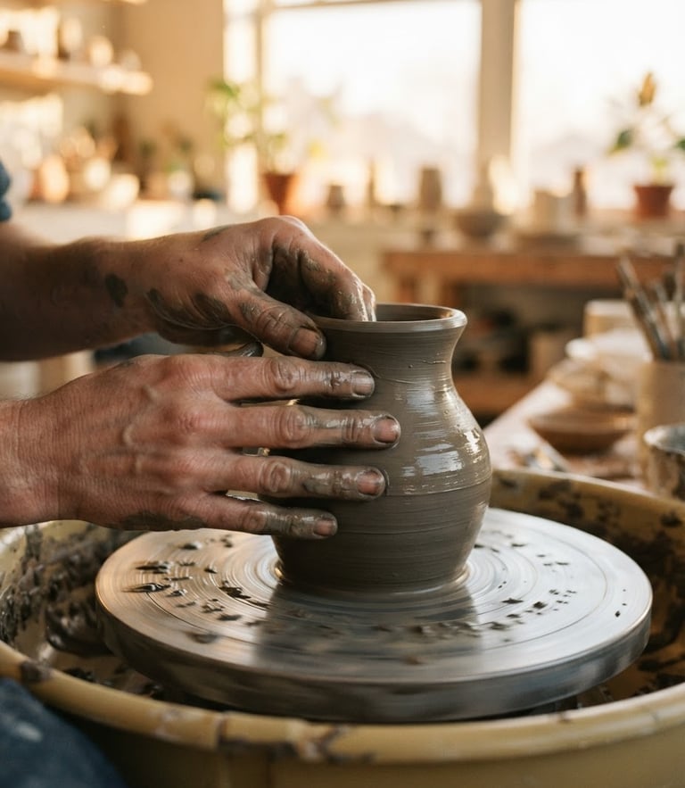 Hands shaping a wet clay vase on a spinning pottery wheel, soft golden-hour window light, close-up macro shot, shallow depth of field