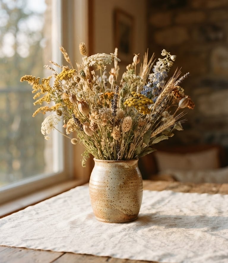 Soft golden-hour window light illuminating a rustic ceramic vase filled with dried wildflowers on an almond white linen tablecloth, shallow depth of field, 35mm