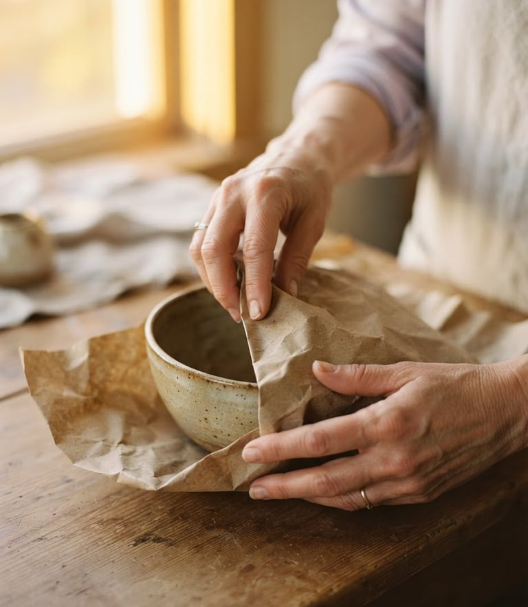 Close-up of hands wrapping a ceramic bowl in textured kraft paper, soft golden-hour window light, shallow depth of field, 35mm.
