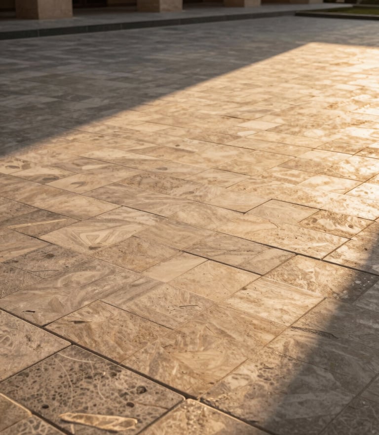 Low-angle architectural photograph of a modern Lahore courtyard paved with precision-aligned sand-toned interlocking tiles, warm golden hour sunlight casting sharp geometric shadows.