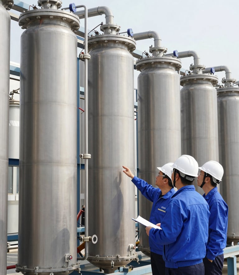 Two water treatment engineers in hardhats inspecting a high-capacity filtration membrane skid, clean neutral daylight, sharp focus.