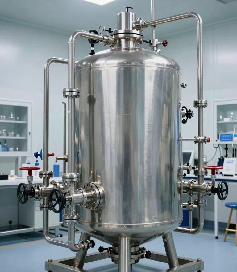 High-capacity pharmaceutical RO plant skid with polished stainless steel piping and multi-port valves in a sterile laboratory environment, bright overhead lighting