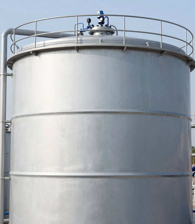 Industrial wastewater treatment clarifier tank operating outdoors under bright daylight, clean metallic structure, professional engineering setting