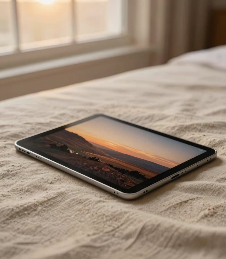 A high-end tablet resting on a clean sand-colored linen surface, displaying a cinematic landscape thumbnail design, soft golden-hour window light, shallow depth of field.