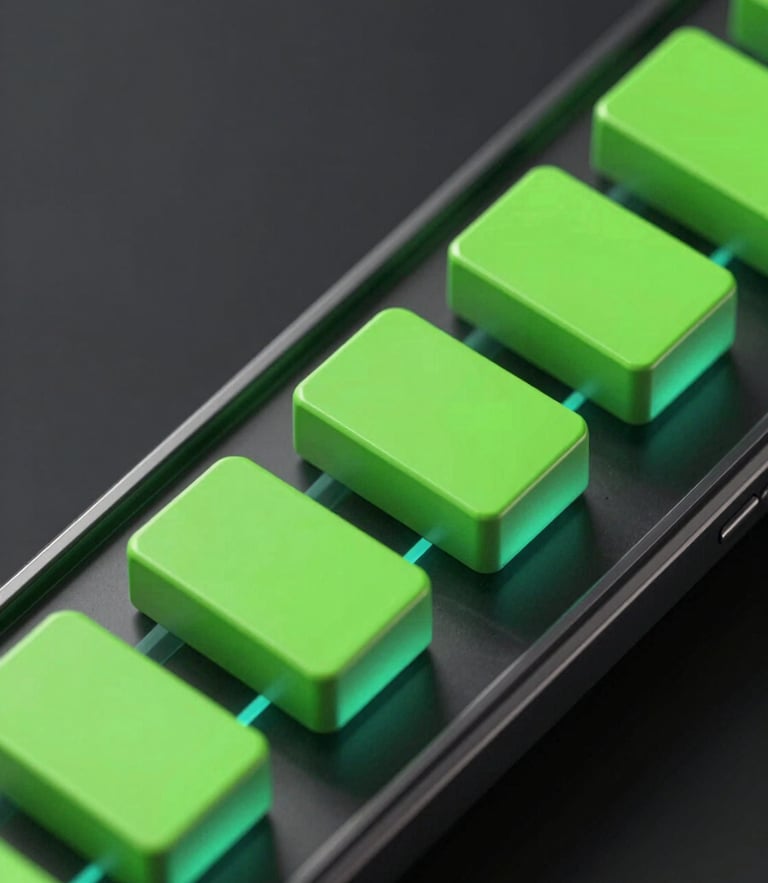 Sleek 3D render of neon green geometric blocks sliding down a dark metallic track, glowing cyan accents, dramatic isometric angle, macro close-up of mobile screen
