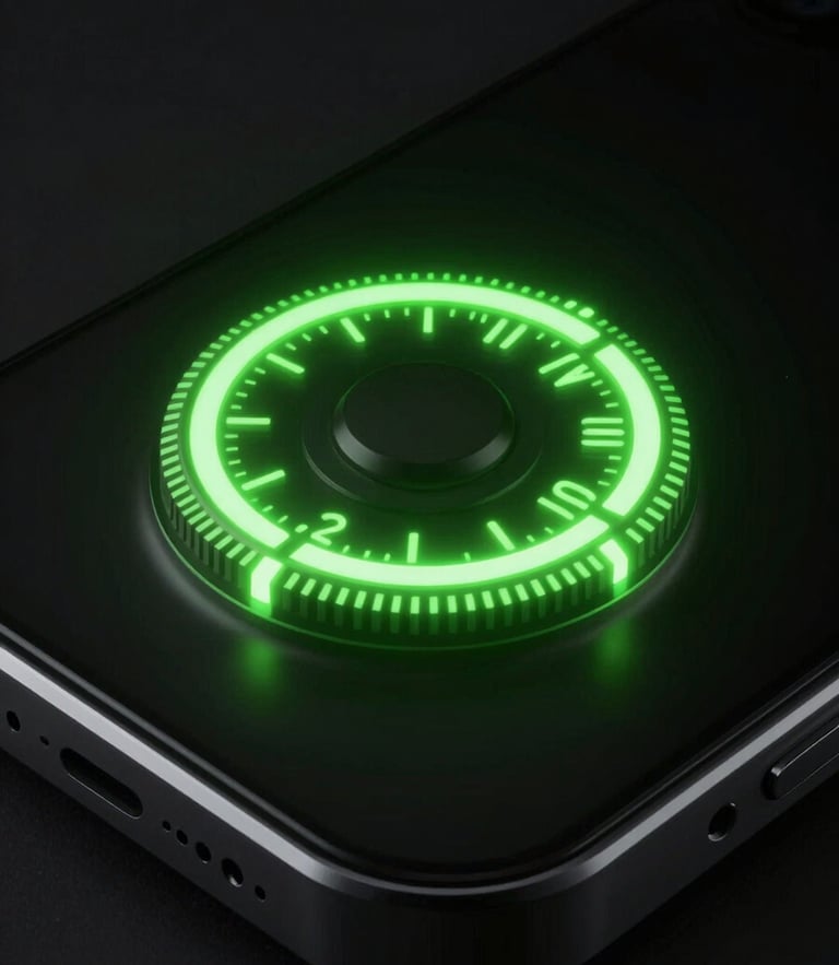 Sleek 3D render of a glowing mechanical dial on a dark smartphone interface, intense lime green edge lighting, deep shadows, dramatic macro framing