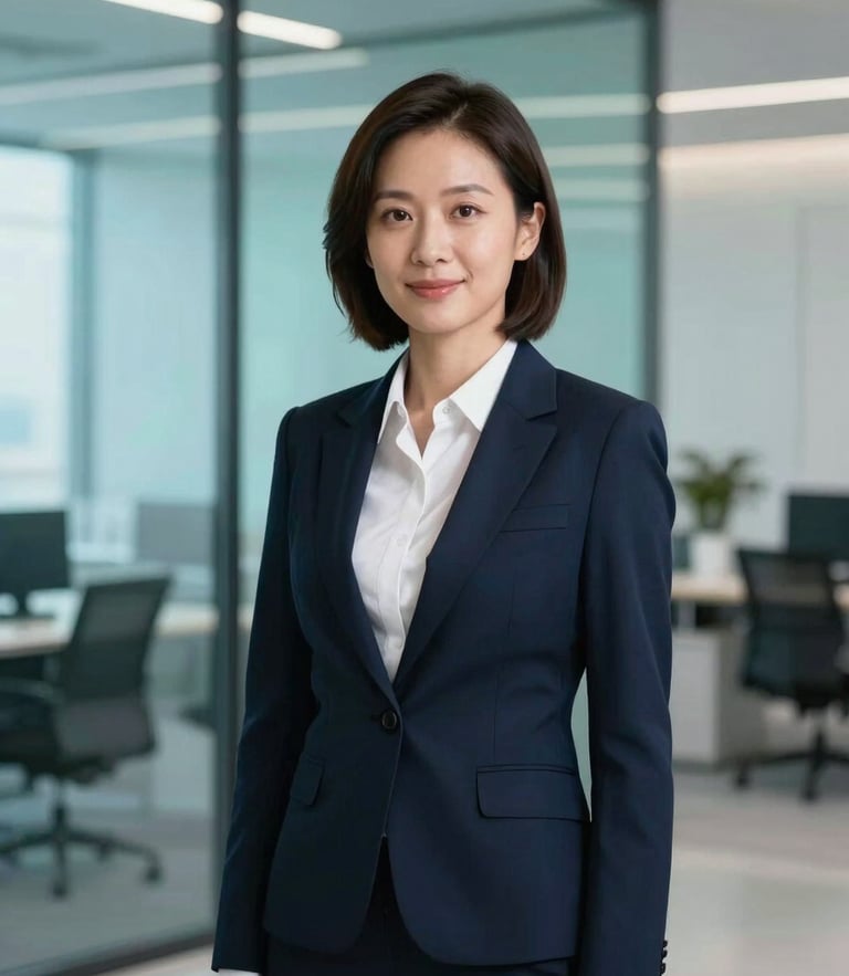Professional portrait of a female executive in a modern architectural office with cool-toned lighting and subtle turquoise screen reflections, 35mm lens