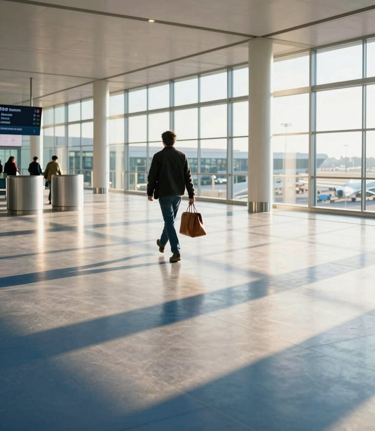 A portrait photograph of a modern airport terminal at sunrise, bright morning light casting crisp architectural shadows across polished floors, a single traveler walking with a sleek leather bag in the distance, blue and gold tones, 35mm.