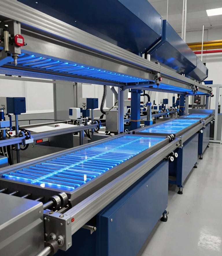Cool crisp industrial glass tempering line with glowing blue heating elements, wide-angle technical perspective, silver and deep navy tones.