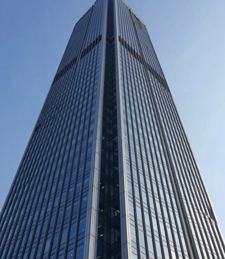 Wide-angle low-perspective shot of a towering modern skyscraper with a deep blue glass facade reflecting cool daylight, sharp structural lines, architectural photography