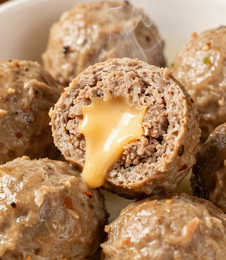 Extreme close-up of a steaming bowl of bakso, a meatball cut in half showing a melting cheese center, rich warm overhead lighting, macro depth of field