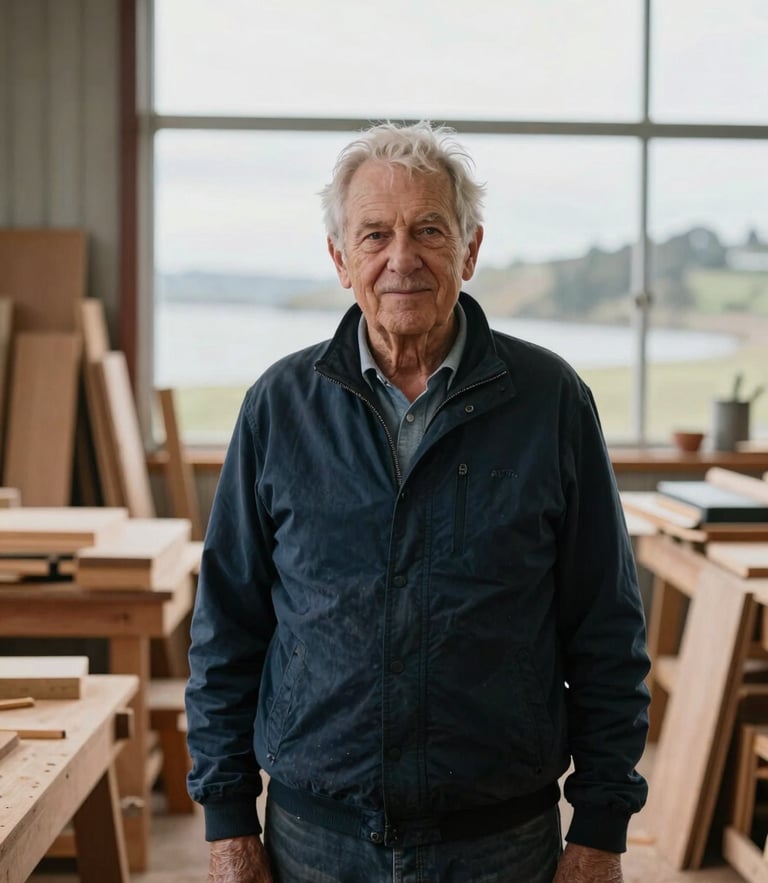 Moody editorial portrait of an elderly New Zealand business owner in a well-lit timber workshop, soft overcast daylight, 35mm photography.