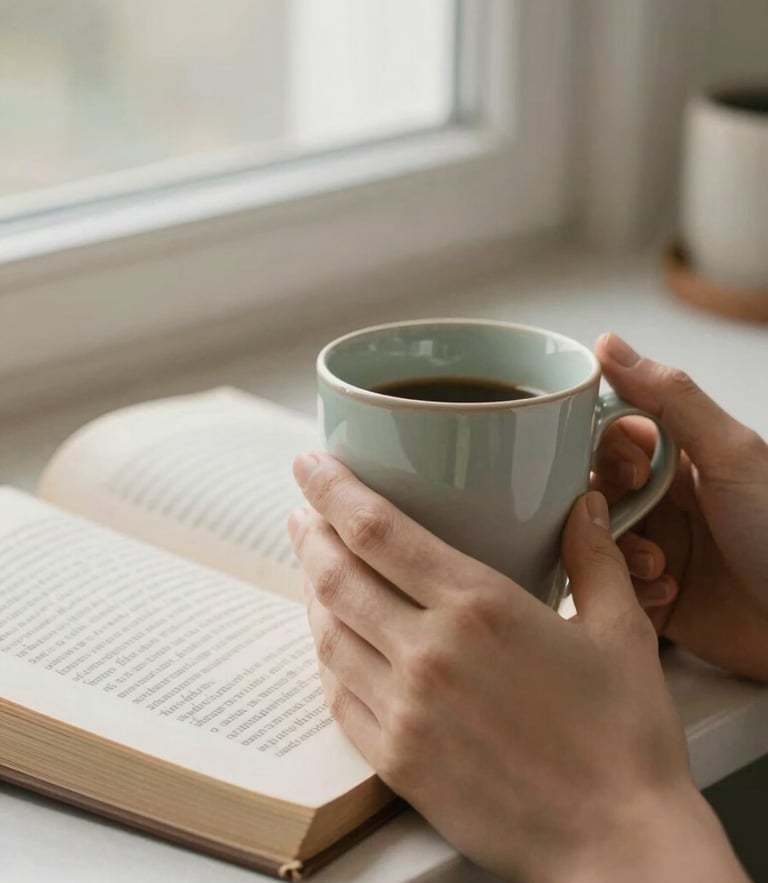Close-up of hands holding a ceramic mug next to an open devotional page, soft morning window light, muted sand and sage tones, shallow depth of field, 35mm