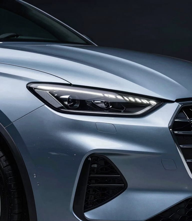 High-contrast studio shot of a pristine premium vehicle with sharp metallic reflections, cool blue and silver tones, professional automotive photography