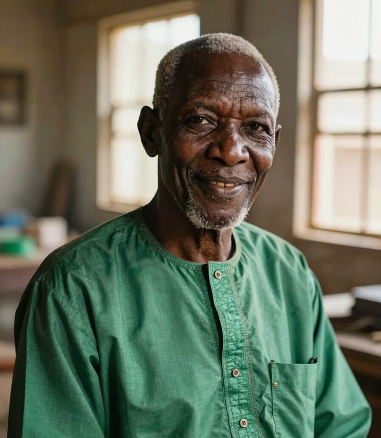 A close-up portrait of an elderly Senegalese craftsman in a green boubou, smiling warmly inside his workshop in Dakar, soft morning light filtering through a window.