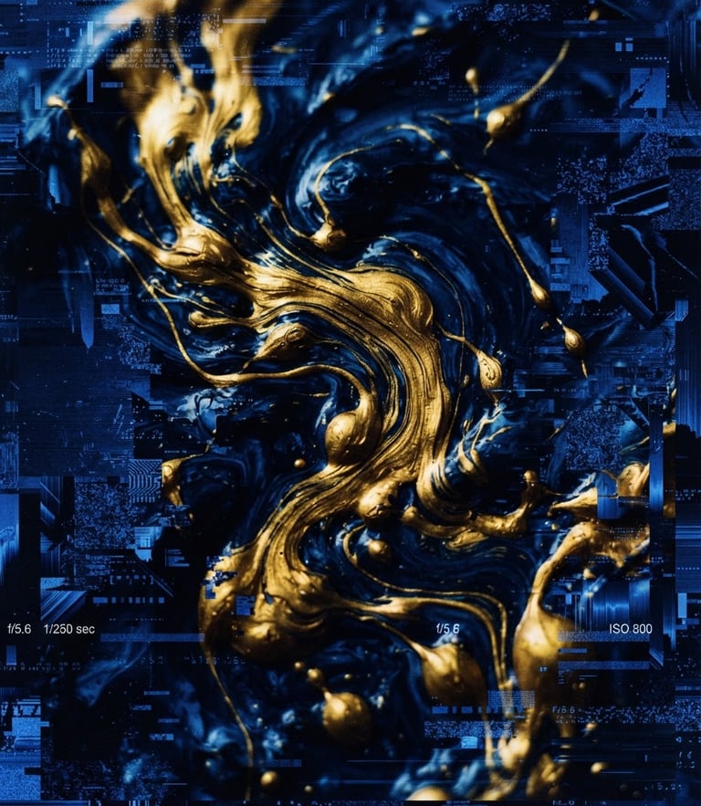 Dramatic high-contrast close-up of liquid gold paint swirling into deep cobalt blue digital glitch textures, 35mm, dark editorial photography.