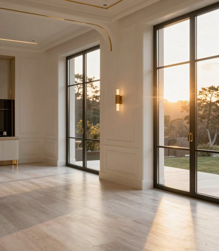 A sun-drenched modern luxury home interior with golden-hour window light reflecting on white oak floors and brass details, elegant architectural crop, 35mm