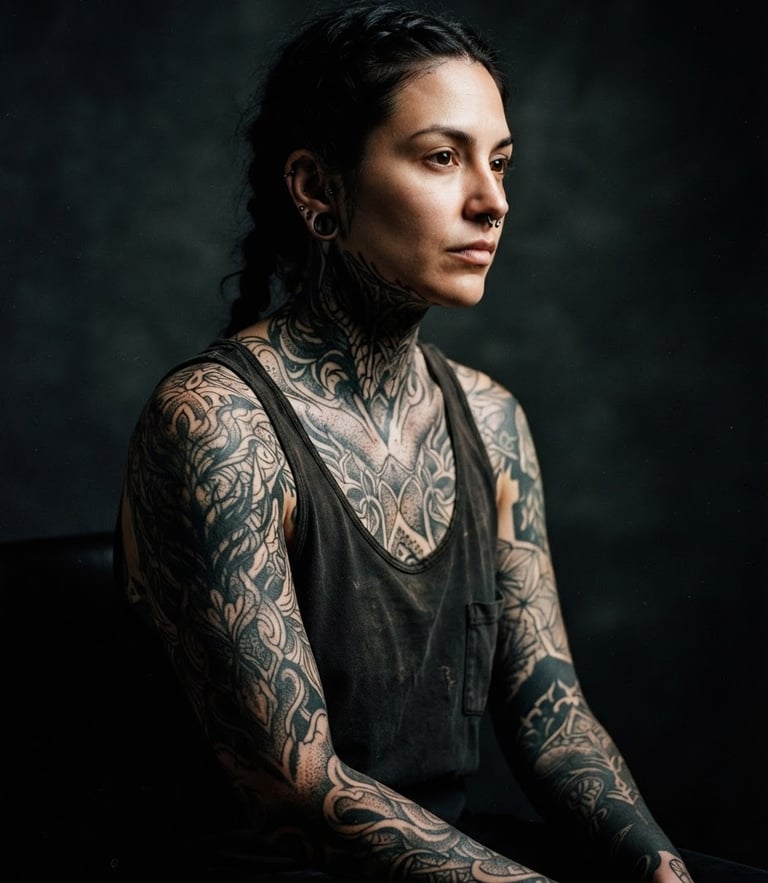 Moody editorial portrait of a client showcasing extensive custom blackwork tattoos, dramatic high-contrast side lighting, deep charcoal background, 35mm film.