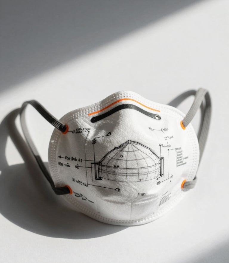 Technical CAD orthographic line drawing of a multi-layered protective mask on a stark white background, sharp architectural shadows, technical annotations, safety orange accent highlights.